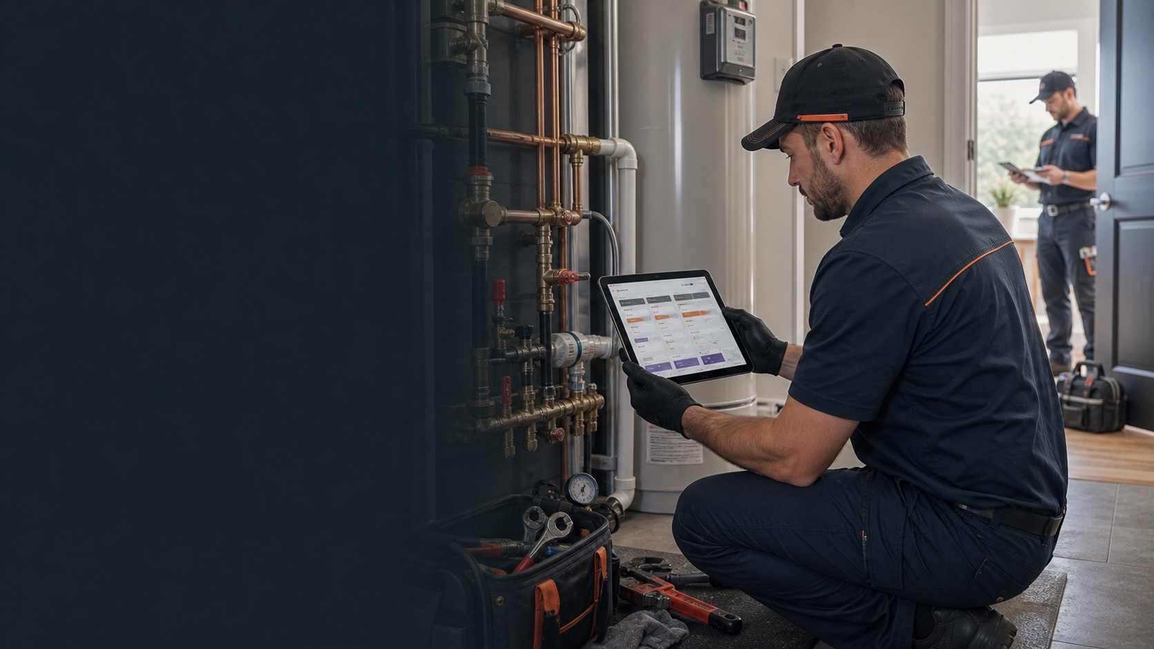 Plumber reviewing service dispatch details on a tablet beside residential pipework