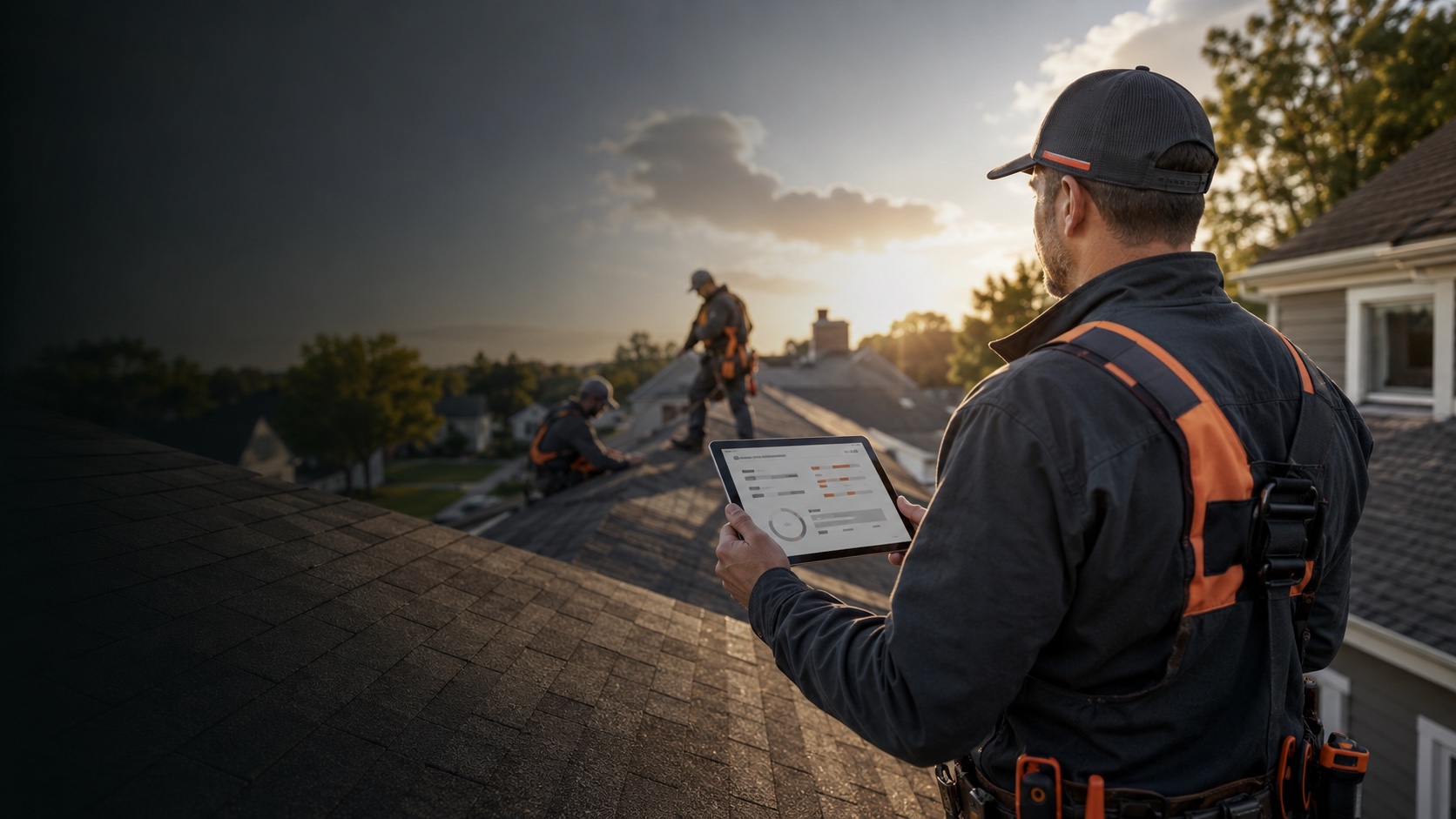 Roofing crew inspecting a residential roof while reviewing job details on a tablet